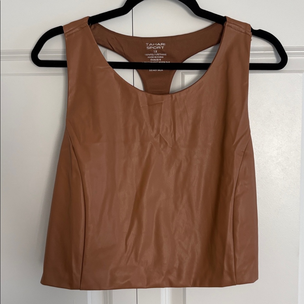 Tahari Sport Brown Faux Leather Top Size 1x